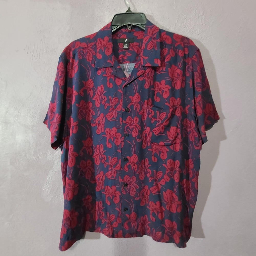 Amp Floral Iris Camp Shirt Mens Large Navy Blue/Red Short Sleeve